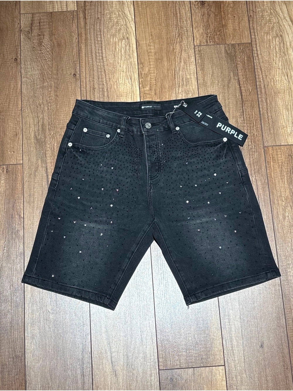 Purple Brand Mens Plain Black VVS Rhinestone Gem Jeans Shorts with Black Tags